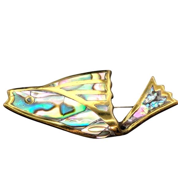 Signed Los Castillo Taxco Mexico Brass & Abalone Fish Shaped Brooch - Picture 2 of 5